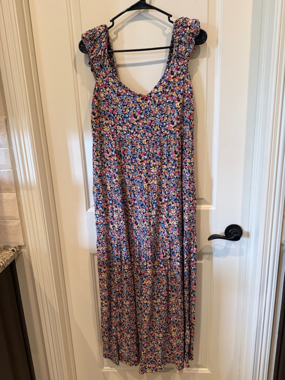 Old Navy Blue Floral Midi Dress with Pink and Yellow Accents